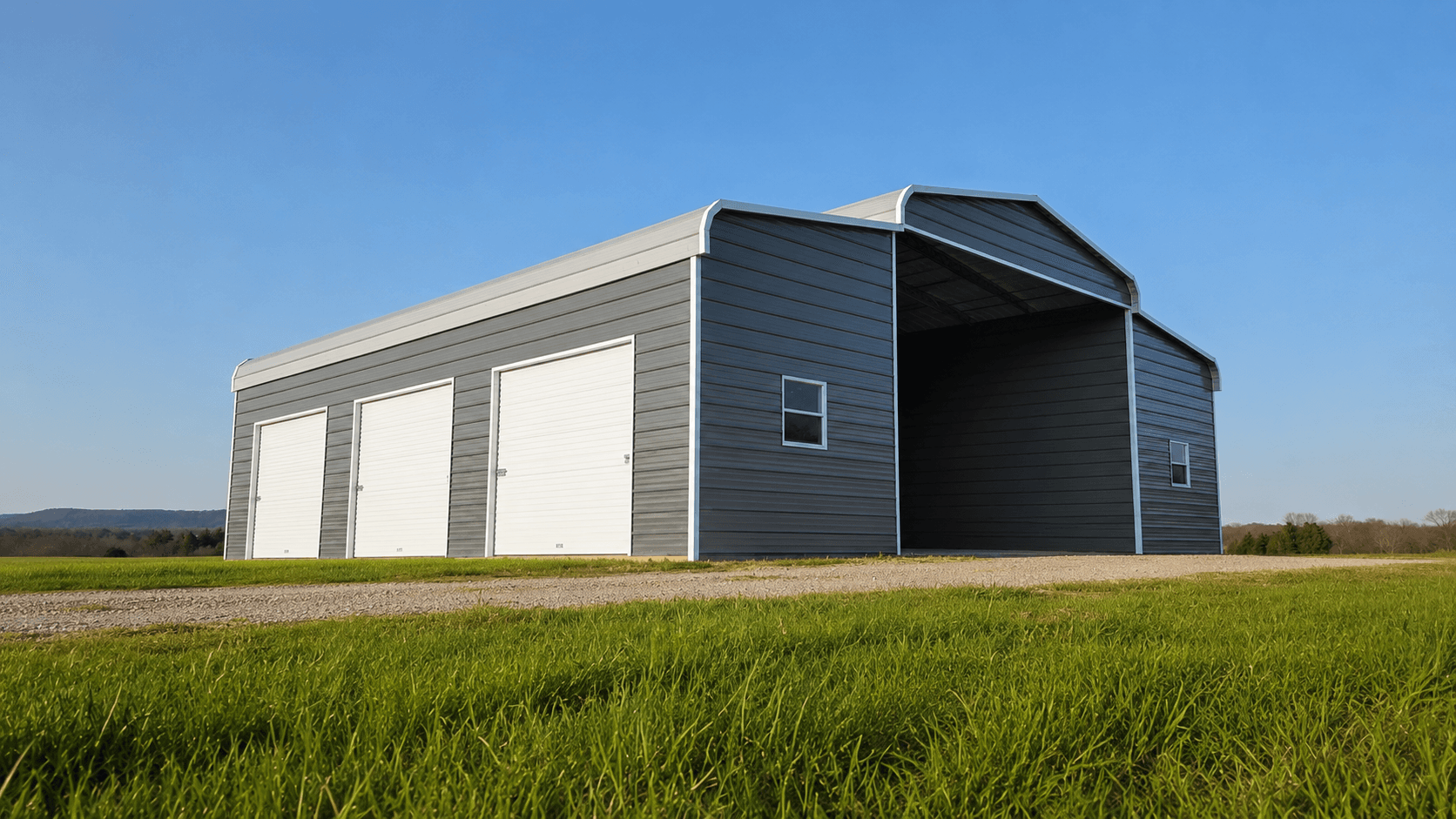 Horse barn regular roof style. Main unit 24' wide x 20' long and 13' tall thumbnail 2