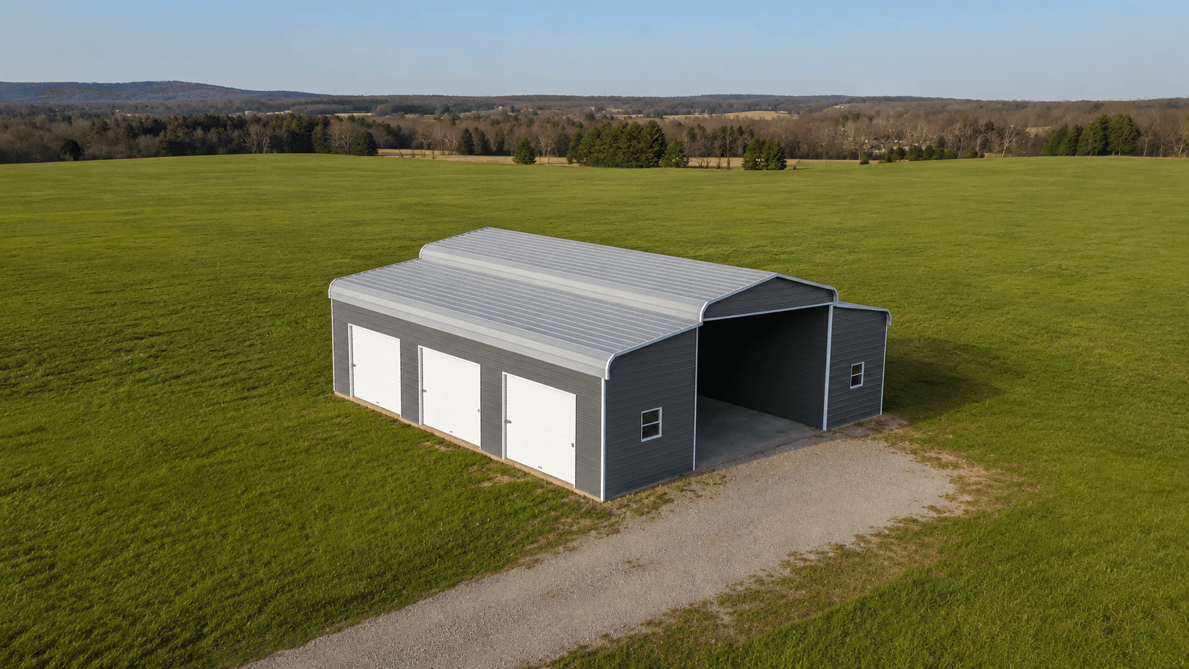 Horse barn regular roof style. Main unit 24' wide x 20' long and 13' tall thumbnail 3